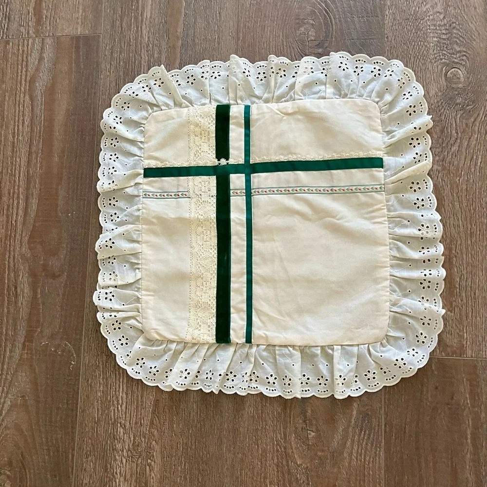 Elegant Cream and Green Holiday Pillow 15/16 inches
